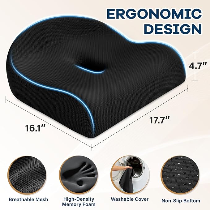 Seat Cushion for Pressure Relief - Ergonomic Home & Office Chair Cushions for Tailbone, Hip, Sciatica Support, Memory Foam Chair Pad for Long Sitting, Driving (Black)