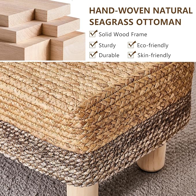Wimarsbon Natural Seagrass Footstool Ottoman Rectangular Footrest Pouf Ottomans with Wooden Legs Hand Weave Step Stool for Living Room Bedroom Entryway Purple