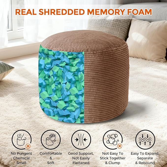 20" x 20" x 15" Pouf Ottoman Foot Rest, Pre-Stuffed Round Foot Stool with Odorless Shredded Memory Foam, Furry & Fluffy Corduroy Footrest for Living Room, Brown
