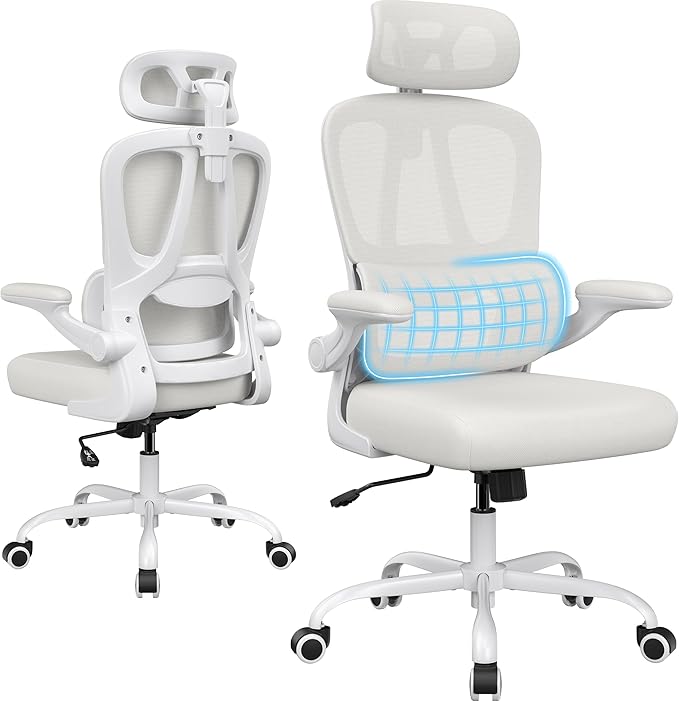 Breathable All-Mesh Ergonomic Chair with Headrest - High Back Desk Chair for Cool, Sweat-Free Work Sessions, Silent Casters Perfect for Bedroom Office (Beige)