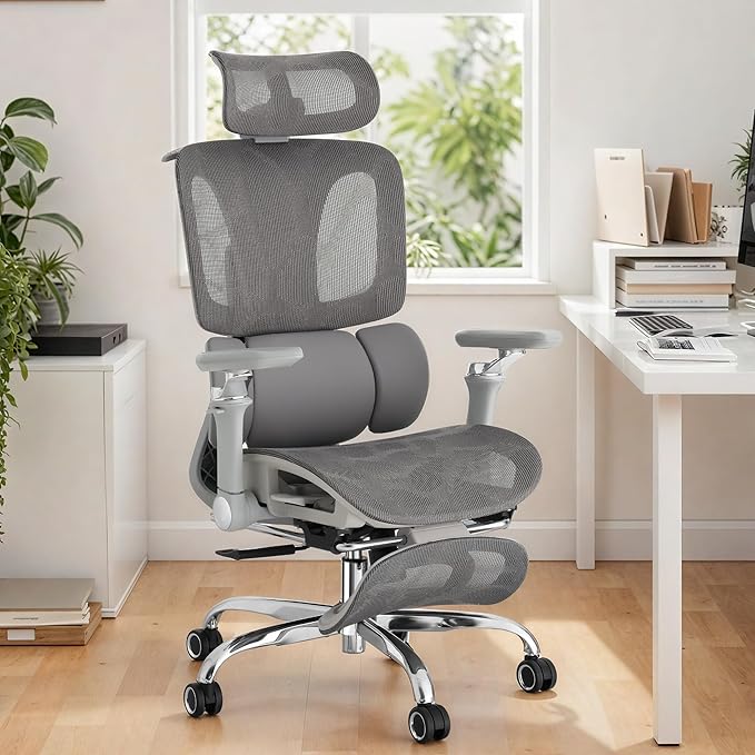 Ergonomic Office Chair with 3-Zone Dynamic Lumbar Support, Big and Tall Mesh Office Chair with Footrest, Adjustable Seat Depth,4D Headrest,6D Armrests, Swivel Executive Chair for Home Office,Grey