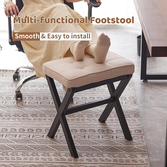 Foot Stool Small Ottoman Foot Rest Padded Foot Stool Desk for Under Office Desk Vanity Stool Bamboo Footstool Sofa Footrest Shoe Stool Small (Black Legs + Beige)