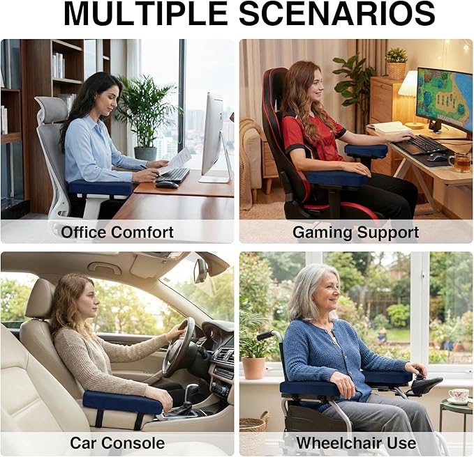 Smiry Ergonomic Office Chair Armrest Pads, Memory Foam Arm Rest Covers, Non-Slip Armrest Cushion with Adjustable Buckles and Straps, Elbow Relief for Desk, Gaming & Wheelchair (Navy, Set of 2)