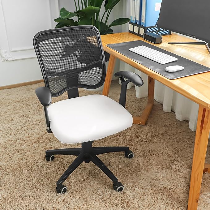 FORCHEER Waterproof Cream Office Chair Seat Cover Faux Leather Strechable Computer Desk Chair Seat Cushion Slipcover 1 Piece Washable