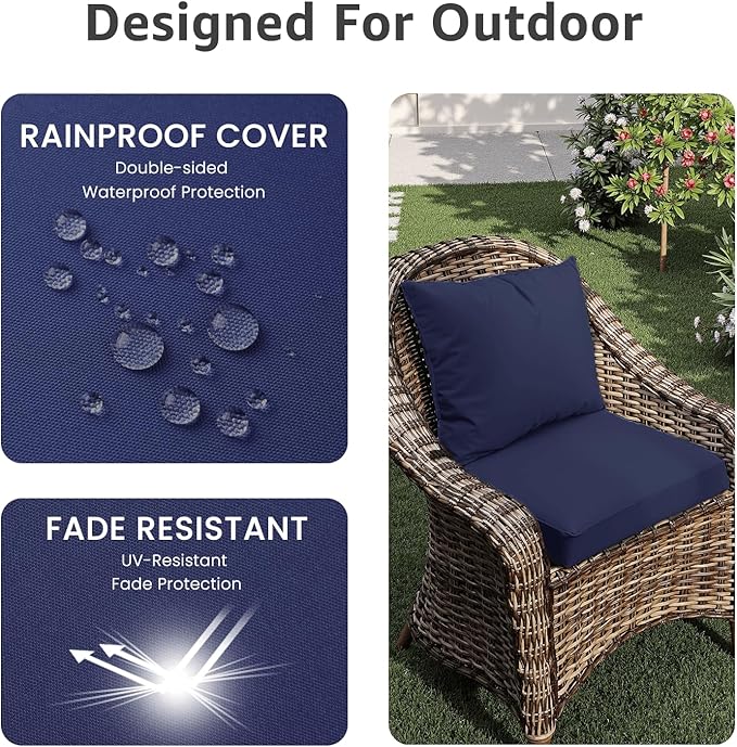 PatioGlow Outdoor Chair Cushions 22 x 22 x 3 Inch, Waterproof & Fade Resistant Patio Seat Cushion for Furniture with Handle and Ties, Thick Seating Pads for Outside Sofa Couch Set of 2, Dark Blue