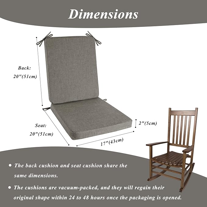 Rocking Chair Cushion Set with Machine Washable Cover Non-Slip Rocking Chair Cushions Indoor Seat and Back Pads with Ties 1 Pack, 2 Piece Set, 20"x 17"x 2" (Light Grey)