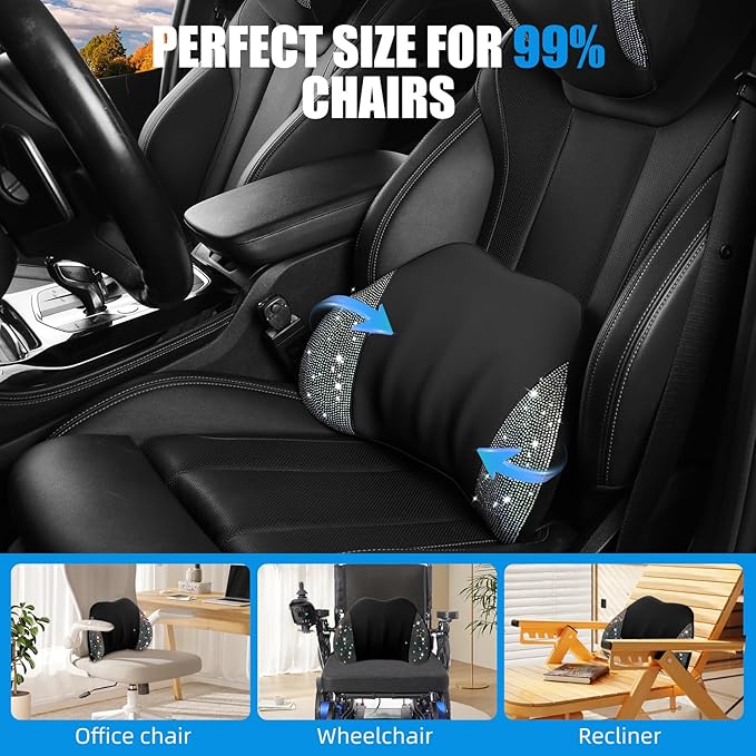 Lumbar Support Pillow with Diamond, Memory Foam Lumbar Pillow for Office Chair for Lower Back Pain Relief, Car Lumbar Support for Driving Seat, Back Support Pillow for car Chair(Black)