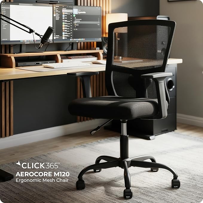 AeroCore M120 Ergonomic Mesh Office Chair, Breathable DeskChair with Lumbar Support, Cushioned Seat, Adjustable Height, Fixed Arms & Swivel, 275lbs Capacity, Black
