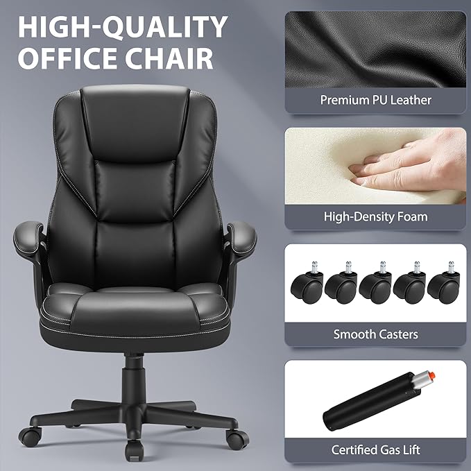 Shahoo Ergonomic Office Chair Executive Adjustable Desk Chair with Flip-up Armrests PU Leather Swivel Computer Chair for Home Office Gaming, Lumbar Support Space Saving 300lbs Capacity, Black