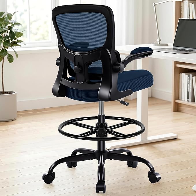 AreShark Drafting Office Chair - Ergonomic Tall Office Chair with Adjustable Footrest Ring - Counter Height Adjustable Rolling Standing Desk Chair with Lumbar Support and Flip-up Armrests for Home