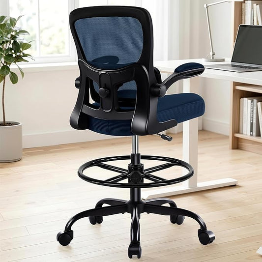 AreShark Drafting Office Chair - Ergonomic Tall Office Chair with Adjustable Footrest Ring - Counter Height Adjustable Rolling Standing Desk Chair with Lumbar Support and Flip-up Armrests for Home