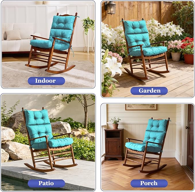 Rocking Chair Cushion, Waterproof and Fade-Resistant Adirondack Rocker Cushions, Indoor/Outdoor Rocking Chair Pads, High Back Memory Foam Patio Furniture Cushions with Ties, 44x23x4 Inch, Teal