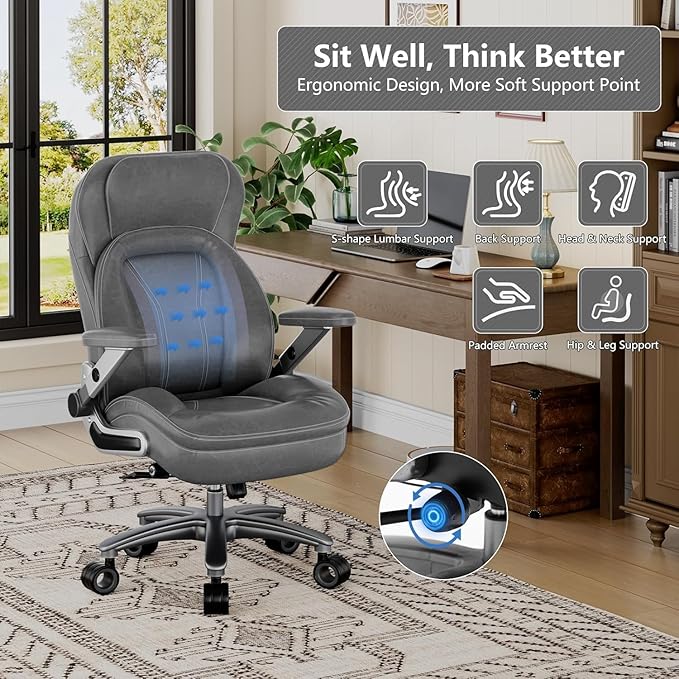 Big and Tall Office Chair, 600lbs Heavy Duty Desk Chair with 5D Arms, Adjustable Lumbar Support & Height, Tilt Function, PU Leather High Back Ergonomic Executive Computer Chair