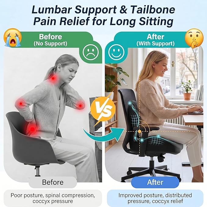 Ergonomic Office Chair Seat Cushion, L-Shaped Memory Foam Coccyx Cushion for Tailbone Pain Relief, Orthopedic Car Seat Cushion with Lumbar Support & Cutout Hollow for Sciatica & Back Pain (Black)