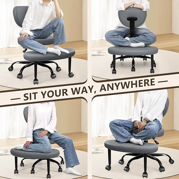 AtHope Ergonomic Cross Legged Office Chair with Wheels - Adjustable Height for Meditation, ADHD Desk & Yoga - Wide Criss Cross Design with Lumbar Support, Kneeling Chair - Dark Gray