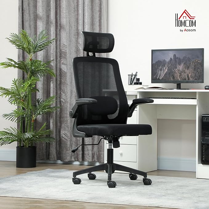 HOMCOM Office Chair, High Back Desk Chair with Flip-up Armrest, Rotatable Headrest, Tilt Function, Adjustable Lumbar Support, Swivel Wheels for Home Study, Black