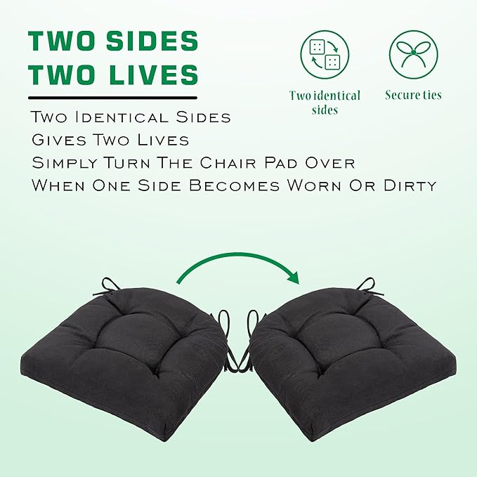 SQUARE MOON Chair Cushions for Dining Chairs, 3 Inch Thick Comfortable Kitchen Chair Pads, Dining Room Seat Cushions with Ties, Machine Washable, 17" x 16" x 3", 4/Pack, Black