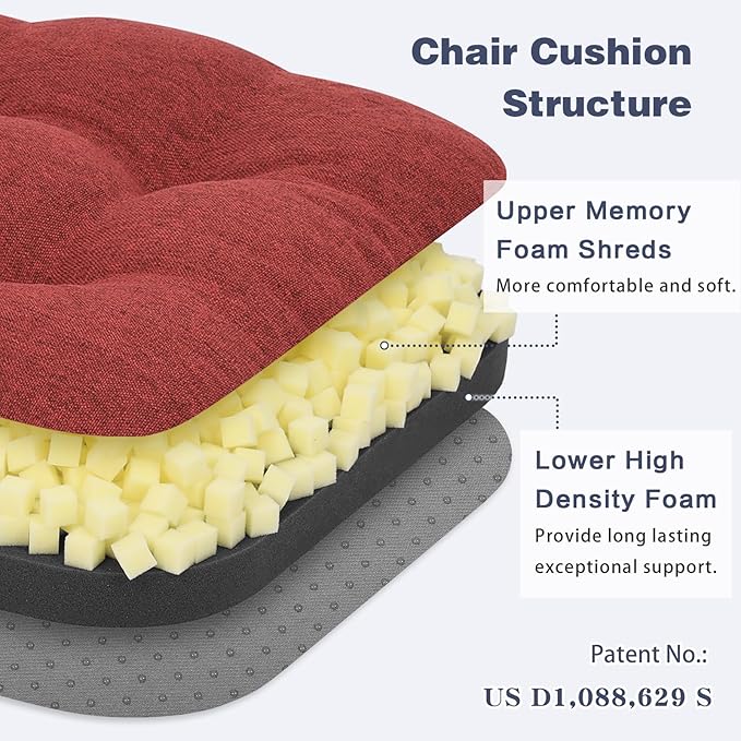 baibu Dining Chair Cushions, Set of 6 Dual-Layer Patent Design Memory Foam Kitchen Chair Cushions, Non-Slip Seat Pads with Ties, 16.5 x 16.5 x 3.5in, 6 Pack, Red