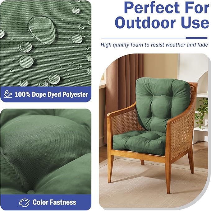 IPYNBAP Outdoor Chair Cushions Set of 4, Patio Chair Cushions with Ties, 19x19+5” Tufted Outdoor Seat Cushions, Waterproof Patio Furniture Cushions, Outdoor Dining Chair Pads, Forest Green