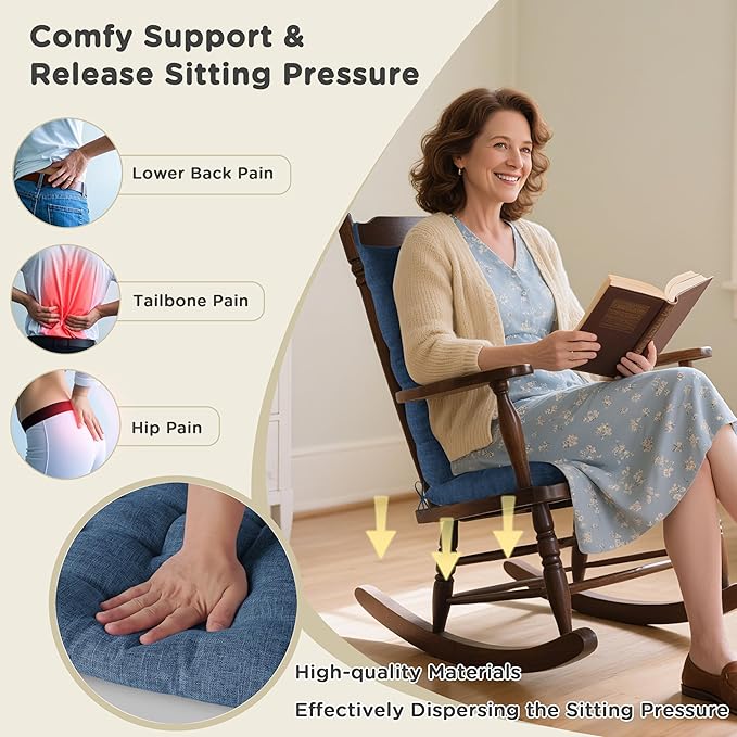 AddGrace Rocking Chair Cushions Indoor Tufted Cushions for Rocking Chairs with Ties Comfortable Textured Fabric Set of Seat & Back Cushion 21x17/17x17 Navy