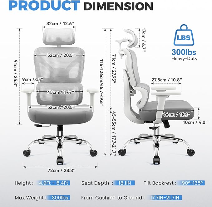 Office Chair, Ergonomic Office Desk Chair with Lumbar Support, Breathable Mesh Back & Thick Seat Cushion, High Back Office Desk Chairs Comfy for Home Office, 300Lbs, Gray
