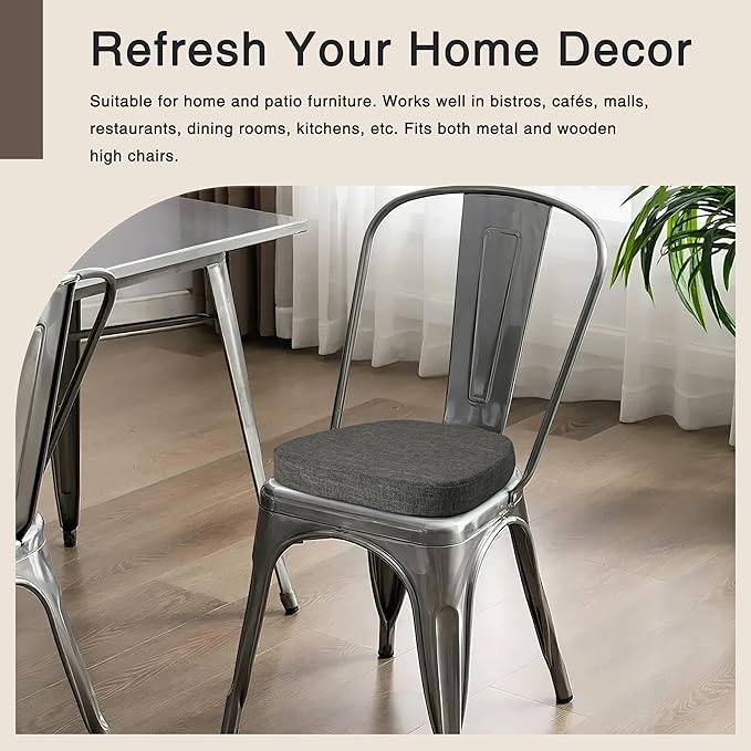 OVOV 14x14 Chair Cushions for Metal Dining Chairs Set of 4 Non Slip Thick Textured Chair Pads for Dining Chairs with Ties and Removable Cover (4, Dark Grey)