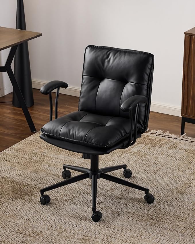 Karl home Faux Leather Office Chair with Removable Armrests, Adjustable Height & 360° Swivel, Tufted Thick Cushion Computer Desk Chair with Lumbar Support for Living Room, Vanity, Black