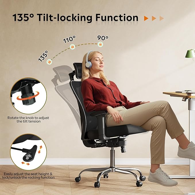 DEVAISE Ergonomic Mesh Office Chair with Adjustable 3D Headrest and Tilt Function, Big and Tall Reclining Comfy Home Computer Desk Chair with Lumbar Support and 3D Armrests, Black