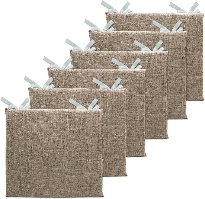 Lifup 6 Pack Chair Cushion Memory Foam Pads, Square Non-Slip Thick Dining Chair Cushions with Ties and Removable Cover for Home Office Restaurant Chair Pads Brown 18 x 18 Inch