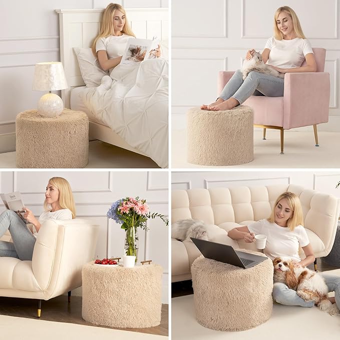 Hansleep Round Stuffed Pouf Ottoman 17 x 14, Foam Filled Faux Fur Ottoman Foot Rest for Chair with Washable Cover, Foot Stools Under Desk for Living Room & Bedroom, Brown