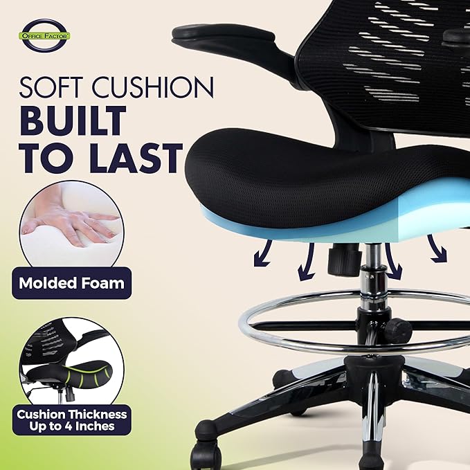 OfficeFactor 300 Lbs Tall Drafting Chair with Adjustable Foot Ring & Flip-Up Arms – Ergonomic Standing Desk Chair, Breathable Mesh Office Chair for Tall Desks, Counter Height & Reception(Black)