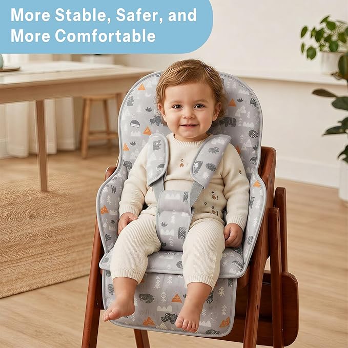 High Chair Pad, High Chair Cushion, Cute Pattern, Comfortable Seat Belt Design, Soft and Comfortable Seat Cushion Breathable Pad, Baby Sits More Safe and Comfort(Gray Animal Pattern)