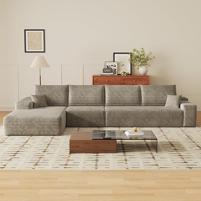 135" Corduroy Couch Sectional with Chaise, L Shape Boneless Cloud Couches for Living Room Bedroom, Modular Corner Couch, Fluffy Deep Seat Compression Sofa, Left Facing Chaise, No Assembly, Camel