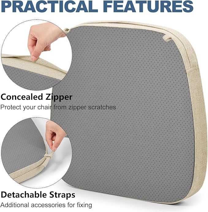 Shinnwa Kitchen Chair Cushions Set of 6, Non-Slip Dining Chair Cushions with Detachable Straps and Machine Washable Cover, 6 Pack, 17x16x2in, Beige