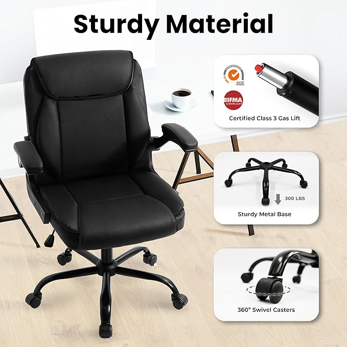 NEO CHAIR Desk Office Gaming Computer Chair Ergonomic Executive Mid-Back Leather with Adjustable Padded Flip-Up Armrests Cushion Wheels Swivel for Home Study Task (Black White)