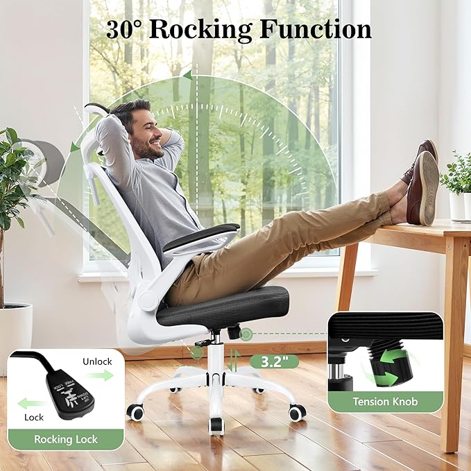 BESTFAIR Office Chair Ergonomic Desk Chair, Breathable Mesh Office Chairs with Adjustable Lumbar Support, Flip-Up Arms, Computer Desk Chair Comfy for Home Office, White