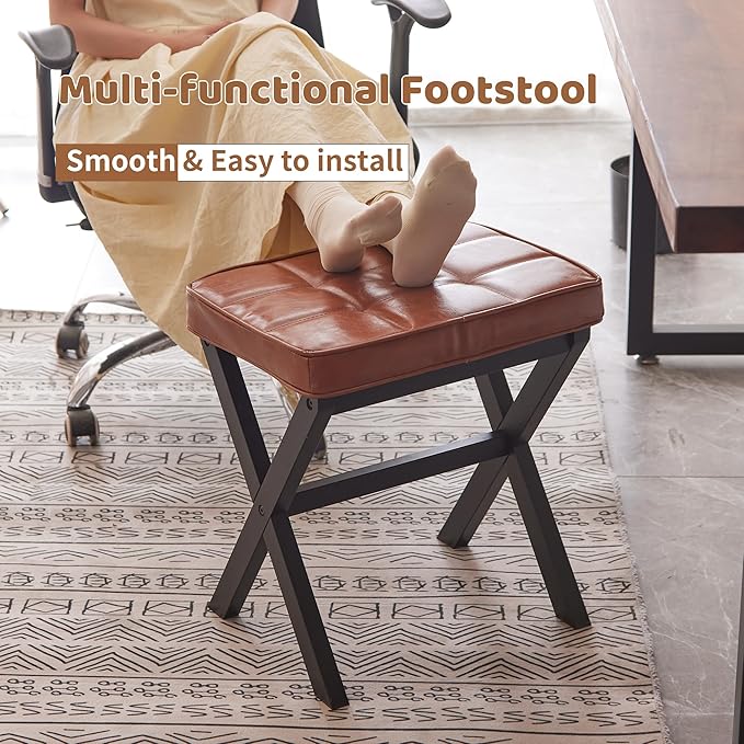 Foot Stool Small Ottoman Foot Rest Padded Foot Stool Desk for Under Office Desk Vanity Stool Bamboo Footstool Sofa Footrest Shoe Stool Small Foot Stools (Black Legs + Reddish Brown)
