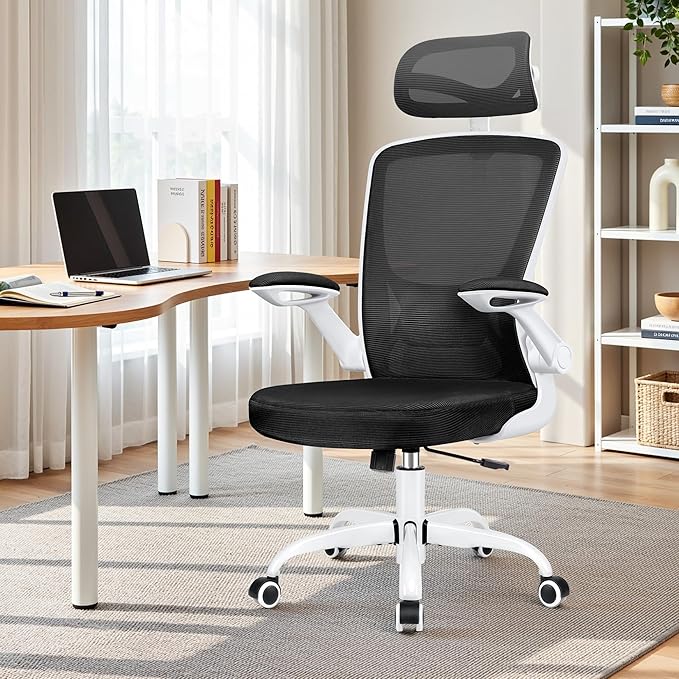 BESTFAIR Office Chair Ergonomic Desk Chair, Breathable Mesh Office Chairs with Adjustable Lumbar Support, Flip-Up Arms, Computer Desk Chair Comfy for Home Office, White
