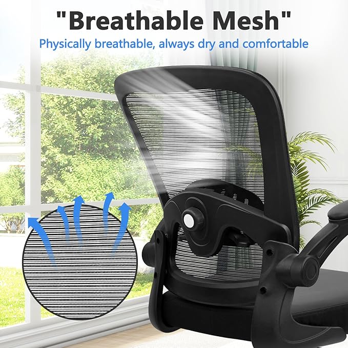 KLASIKA Desk Chairs with Wheels, Ergonomic Mesh Back PU Leather Seat Home Office Adjustable Lumbar Support and Height Swivel Rolling Computer Task Chair with Flip Up Arms for Conference, Black, 2PK