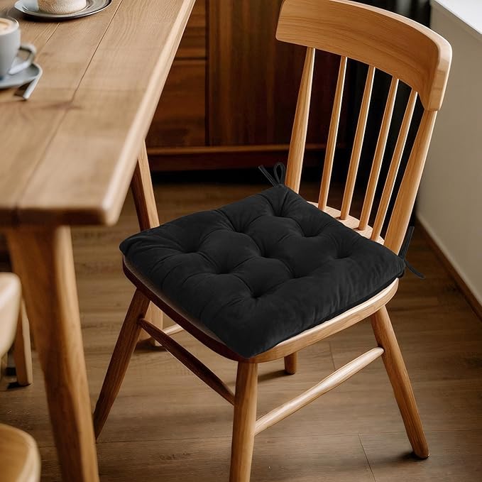 ELFJOY 4 Pack Chair Cushions for Dining Chairs Chair Pads Cushion for Kitchen Office Tufted Square Seat Cushion with Ties (16" Black Velvet)