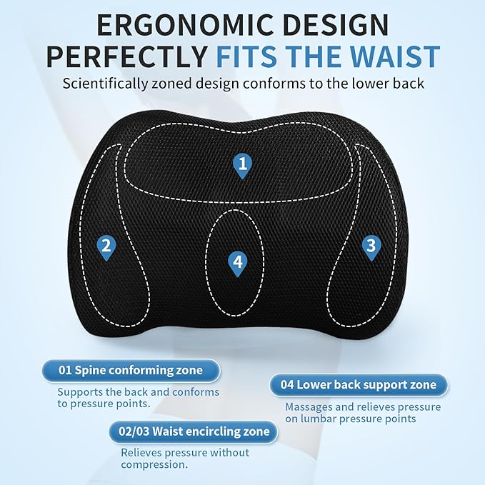 Lumbar Support Pillow for Car, Office Chair, and Gaming, Memory Foam Back Support for Lower Back Pain Relief, Ergonomic with Breathable Removable Mesh Cover, Black