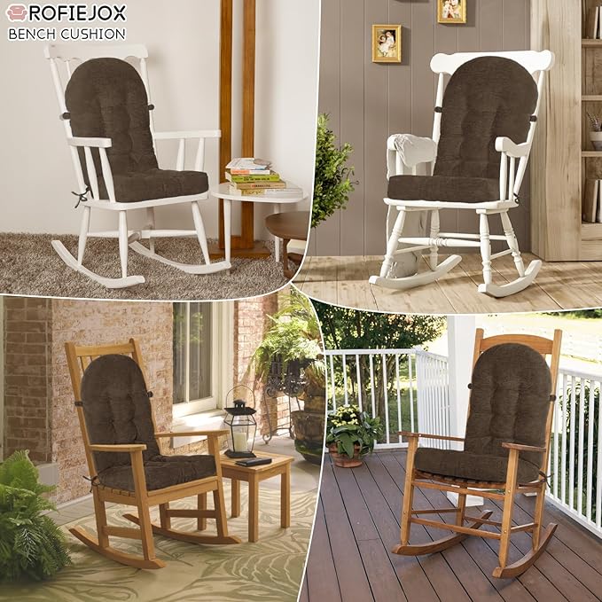 Rocking Chair Cushion - Chenille Fabric, High-Density Sponge, Durable Comfort Double-Sided Tufted Seat Pads with Ties, Chenille︱Dark Brown, 44x19x4 inch