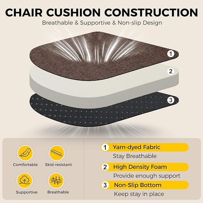 downluxe Indoor Chair Cushions for Dining Chairs, Soft and Comfortable Textured Foam Kitchen Chair Pads with Ties and Non-Slip Backing, 16" x 16" x 2", Brown, 4 Pack