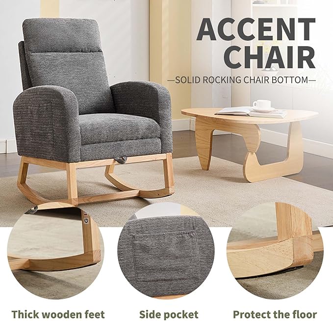 40" Fabric Nursing Rocking Chair, Nursery Chairs with Adjustable Foot Rest, High Backrest Upholstered Arm Chair with Side Pockets, Wood Rocking Chair for Living Room, Bedroom, Baby Room (Dark Gray)
