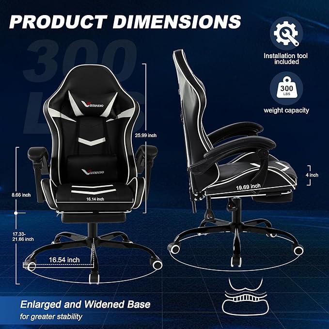Gaming Chair for Adults, Ergonomic Gamer Chair with Footrest, Spring Pocket Cushion, Computer Office Desk Reclining Chair with Enlarged Metal Base, Linkage Armrests, Lumbar & Headrest (White)
