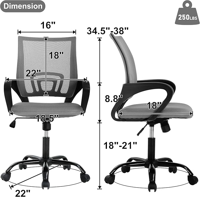 Computer Desk Chair,Work Chairs for Home Office,Ergonomic Office Chair with Lumbar Support,Mesh Office Chair with Arm and Wide Comfortable Seat,Adjustable Rolling Office Chair,Grey