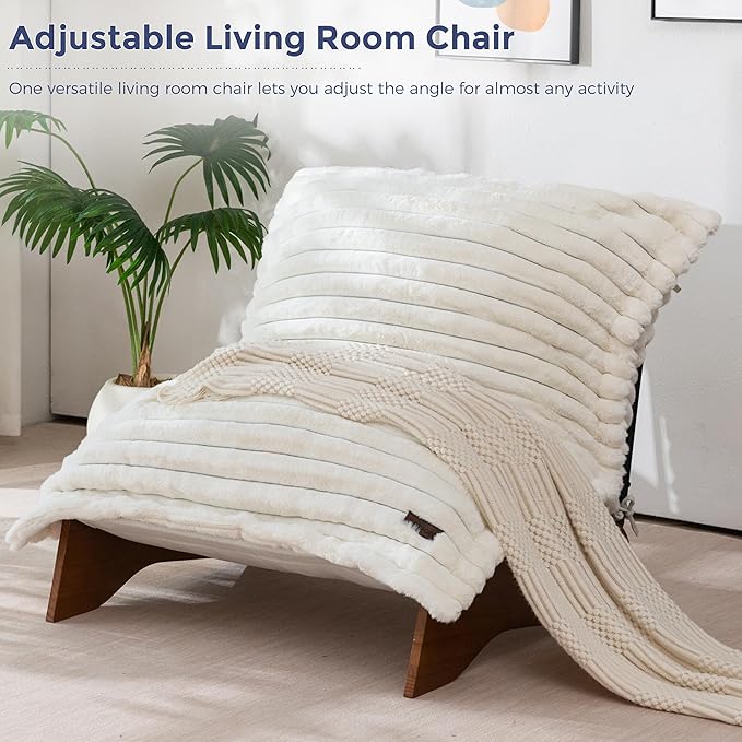 MAXYOYO Adjustable Living Room Chair, Convertible Bean Bag Chair & Recliner with Frame, Removable Cushion Floor Sofa Striped Fabric, Soft Upholstered Lounge for Bedroom, Dorm, Beige