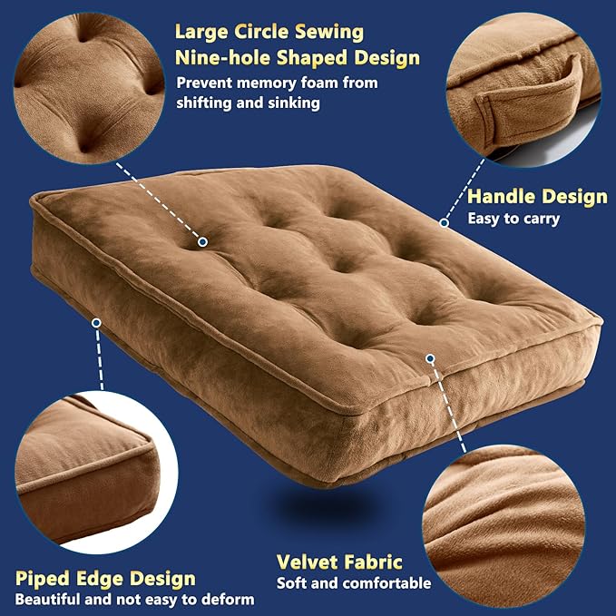 1 MIDDLE ONE Floor Pillow Set of 2, Memory Foam Meditation Cushion, Floor Cushions for Adults Sitting, Large Square Seat Cushions for Yoga, Couch, Sofa, Kids, Living Room, 22x22 Inch (Brown)