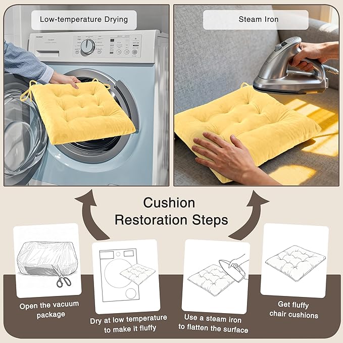 OVOV 2 Pack Chair Cushions for Dining Chairs Soft Seat Cushions for Kitchen Desk Chairs Square Chair Pads with Ties (15.5"x15.5" Pastel Yellow)
