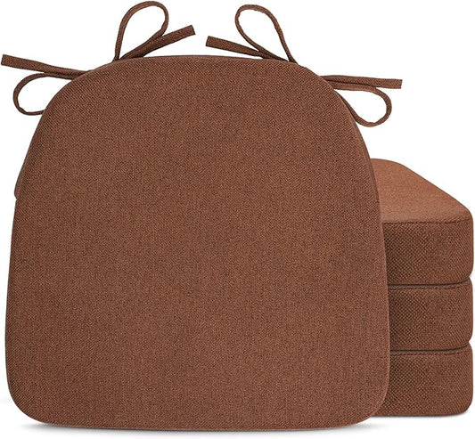 Sunsleek Chair Cushions for Dining Chairs, D-Shaped Seat Cushions with Removable Washable Cover and Ties, Chair Pads for Kitchen, Indoor Dining Room, Patio Chairs, 17'' x 16'', Set of 4, Brown